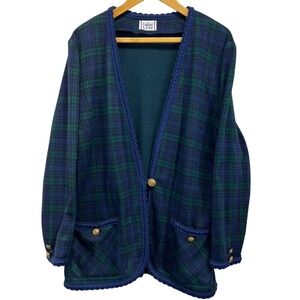 VTG 80s Cricket Lane Plaid Cardigan Jacket Blue Green Gold Button Size 14